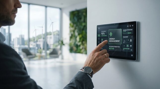Man controlling smart home energy management system via wall mounted touchscreen panel, optimizing solar power usage and building automation for sustainable living and efficient