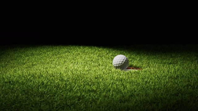 Golf ball on green grass ready to be struck, 3d rendering.