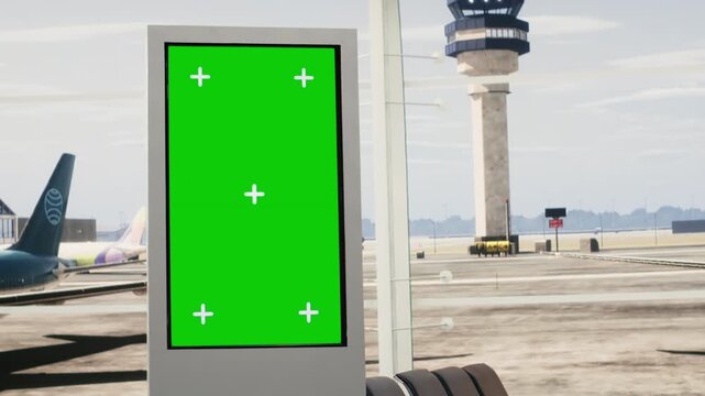 Isolated chroma key screen in airport terminal lounge with no people, empty departure zone with gates for boarding and waiting area. Terminal exterior with runway and airport equipment.