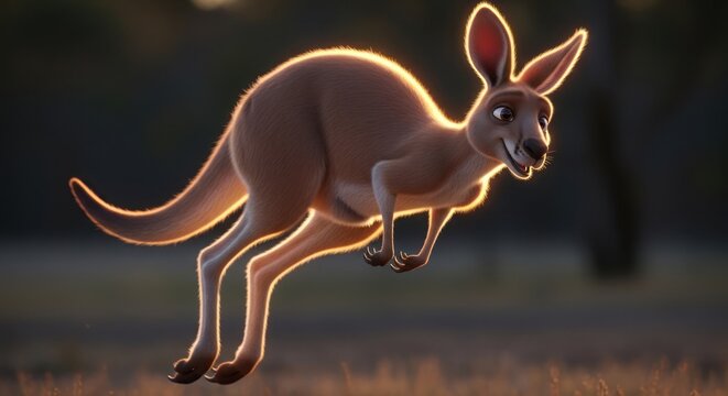 Cartoon kangaroo animal character is jumping in the field during sunset or golden hour lighting.