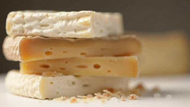 Close-up shot of different cheese slices stacked on top of each other with a soft focus background