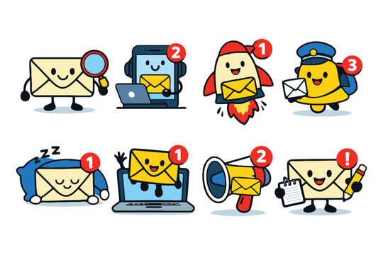 Cute cartoon envelope mail characters set with notification icons for digital communication and email concepts