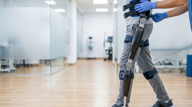 Immersive patient wearing mechanical exoskeleton assisted by clinician to restore mobility for advancing neuro-rehabilitation in a modern medical clinic