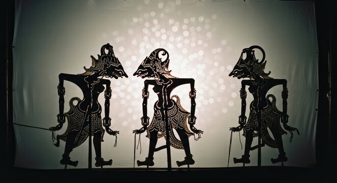 Three Wayang Kulit shadow puppets performing in a traditional Indonesian shadow play, illuminated by bright light in a cultural storytelling performance.