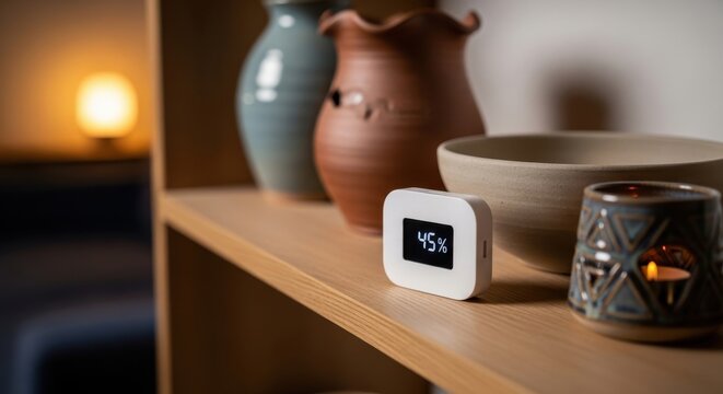 A compact smart humidity sensor displaying 45% on a digital screen, resting on a wooden shelf alongside decorative ceramic vases.