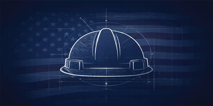 USA Labor Day Construction Blueprint Background with Hard Hat Helmet, American Flag Engineering Draft Design, Industrial Safety Concept Vector Illustration