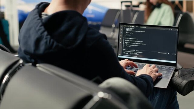 Digital nomad man programming on laptop in international airport, writing code and developing software systems while waiting for flight departure. IT engineer with location independent lifestyle.