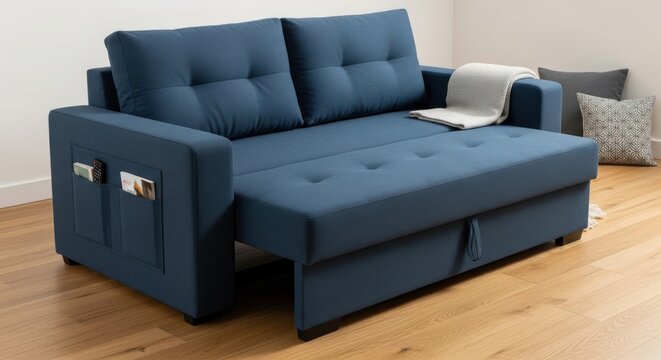 A Sleek, Navy Blue Convertible Sofa Bed with Modern Design and Versatile Functionality for Small Spaces