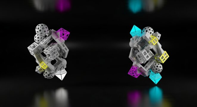 An infinite obsidian void filled with floating white geometric shapes and architectural structures that defy gravity and traditional logic, physics, art, digital