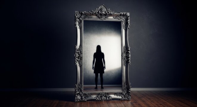 An ornate silver mirror reflects a vacant room and dim background wall, showing no image in the glass despite a physical form positioned before it, glass, strange, silent