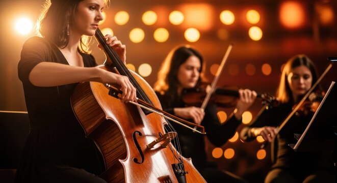 Classical music performance: Woman plays cello with violinists in concert, performing on string instruments.