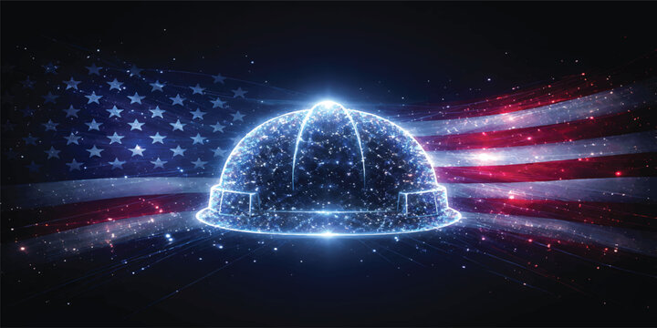 USA Labor Day Construction Blueprint Background with Hard Hat Helmet, American Flag Engineering Draft Design, Industrial Safety Concept Vector Illustration