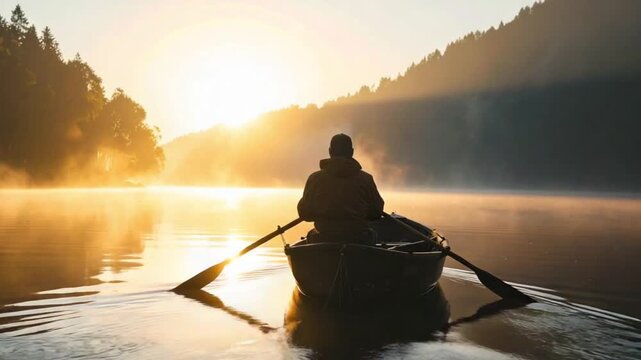 Solitary rower on a misty lake at sunrise with golden light