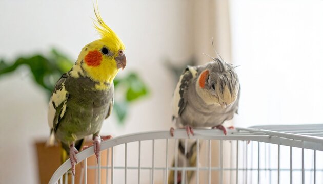 Two cockatiel birds perched together