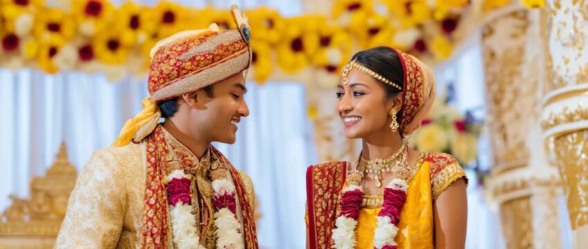 Indian wedding ceremony with bride and groom in traditional attire.