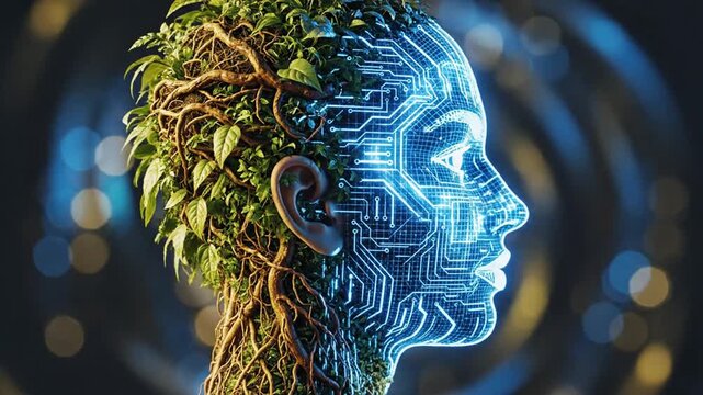 Human head profile merging nature and digital circuit technology