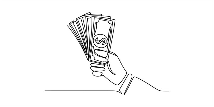 Continuous line drawing of a human hand holding a stack of cash dollar bills for financial success and investment concepts Vector, illustration