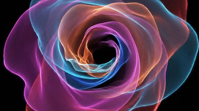 Abstract colorful glowing light spiral rose on black background