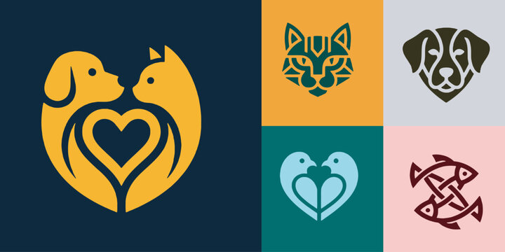 Collection of stylized animal logos featuring a dog and cat embracing a heart, a geometric cat face, a dog portrait, two doves forming a heart, and intertwined fish.
