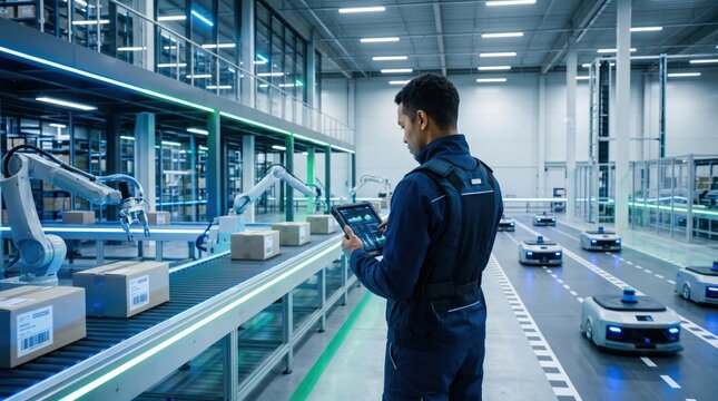 Male engineer using digital tablet to control robotic arms and autonomous mobile robots in smart factory, futuristic industrial automation concept, worker monitoring production