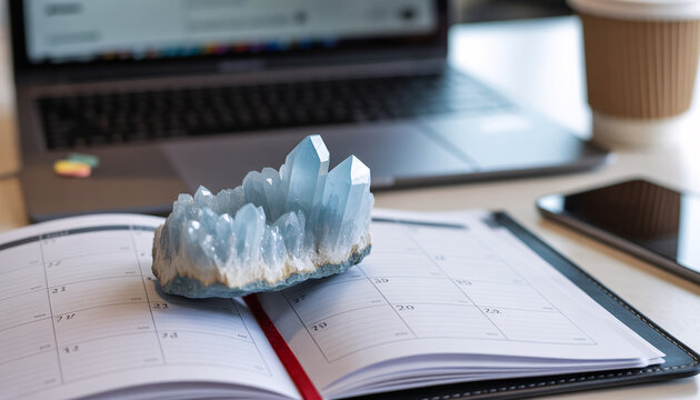 Rough Blue Aquamarine Stone Acting as a Paperweight on a Calendar