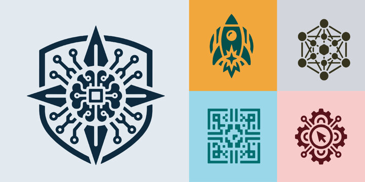 Set of Technology and Digital Security Icons with Rocket, Circuit Board, and Network Symbols.