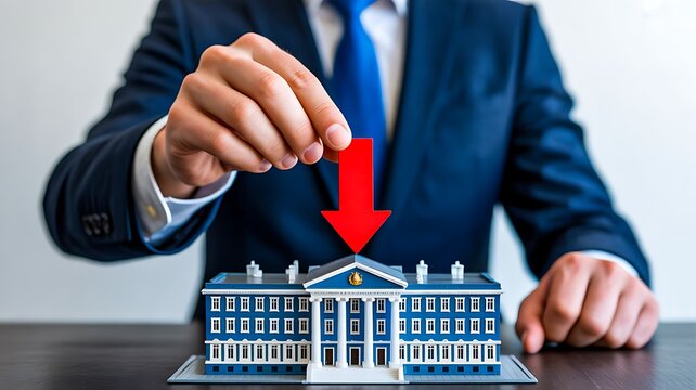 Businessman placing down arrow on government building concept