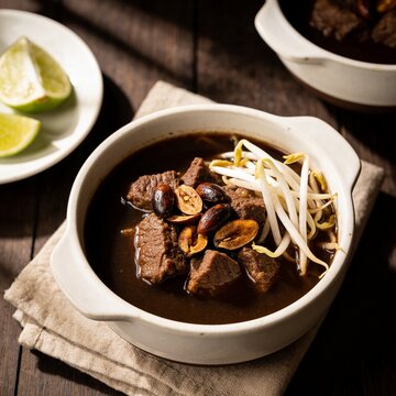 Delicious Indonesian rawon beef black soup served in a white bowl with bean sprouts and lime slices on wooden table.