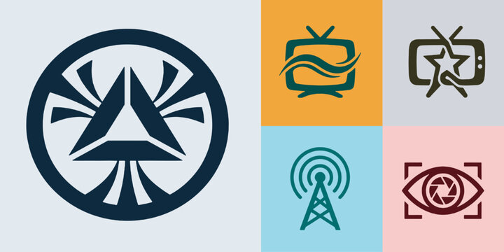 Collection of abstract geometric logos and media-related icons, including television, antenna, and eye symbols.