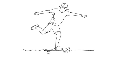 Continuous single line drawing of a young boy riding a skateboard with balance and energy Vector, illustration © Surjo Stocker_2026