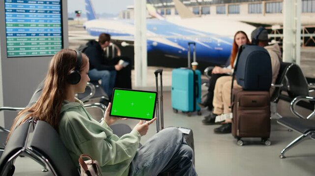 Isolated green screen with young woman digital nomad in airport lounge, seated near the boarding gate and working on laptop. Nomadic lifestyle, flexible job and international air travel.