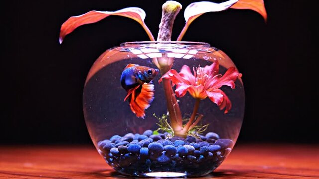 Colorful betta fish in glass bowl with red flower