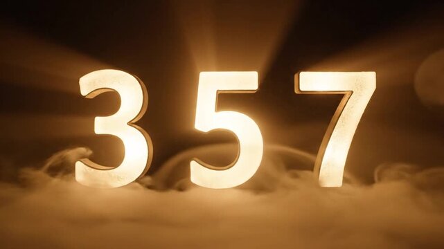 Illuminated golden numbers 357 rising from smoke on dark background