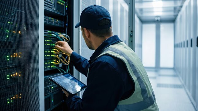Network engineer technician maintaining server rack in data center, checking cables and hardware equipment, IT infrastructure support and cloud computing technology concept