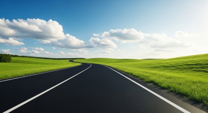 A long stretching asphalt highway winds through a peaceful green landscape under a bright blue sky with soft white clouds on a sunny day, trees, endless, distance