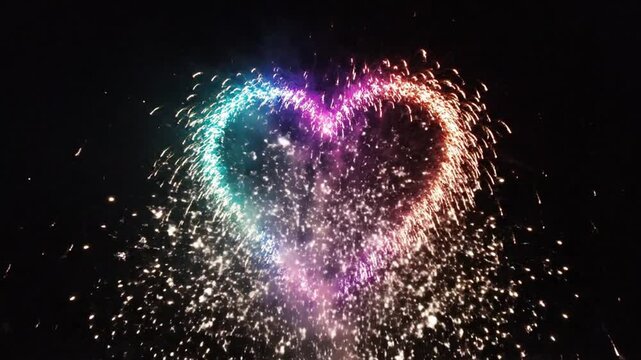 Colorful heart shaped firework exploding against dark night sky