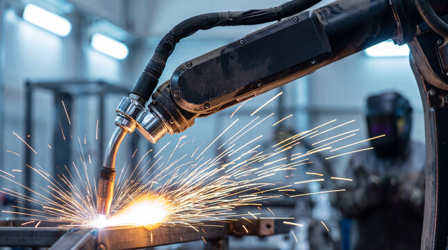 Robotic welding arm producing sparks in industrial metal fabrication workshop with welder in background
