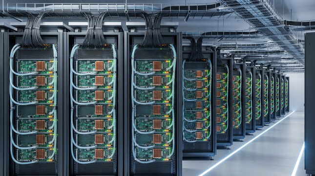 Modern data center server racks in rows with network cables and high-performance computing infrastructure