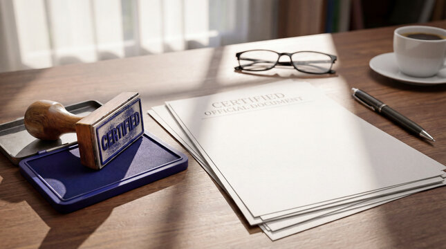 Certified official documents rest on a wooden desk beside a blue approval stamp, glasses, pen and coffee cup, conveying authority, verification, legal compliance