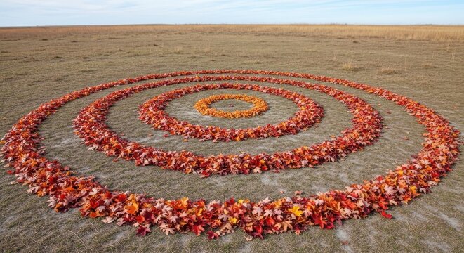 Intricate concentric circles formed by colorful fallen autumn leaves arranged on a grassy field