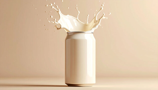A white beverage can with a dynamic splash of creamy liquid erupting from its opening against a light background.