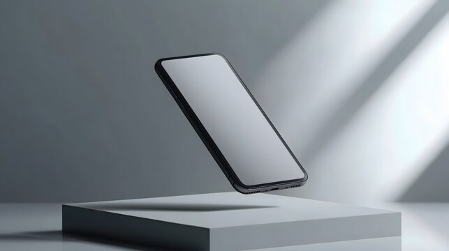 Versatile UI mockup: Angled mobile phone template hovering above a cube in gray space