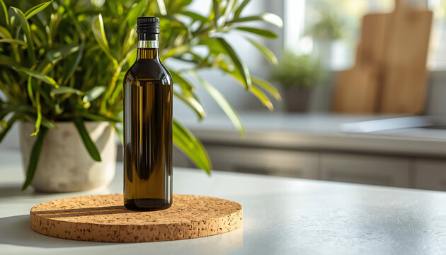 A Bottle of Premium Olive Oil on a Recycled Cork Pot Holder