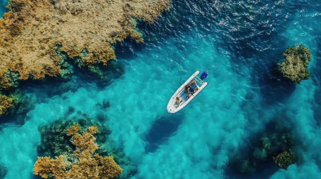 Aerial view of a boat navigating turquoise waters amidst coral reefs