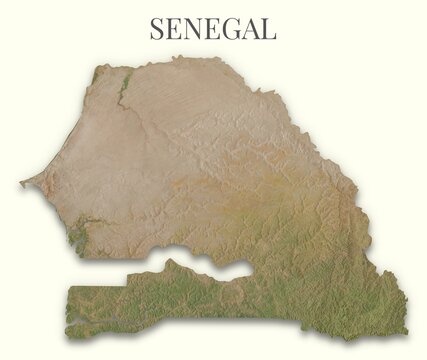 Senegal terrain map. Raster relief illustration of Senegal. Hillshaded physical map. Elements of this image derrived from NASA imagery and SRTM dataset.