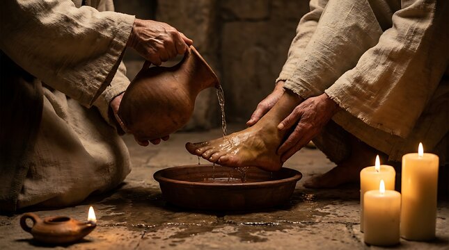 Jesus washes disciples feet symbolizing humility service and love during last supper preparation serving as example for followers to follow.