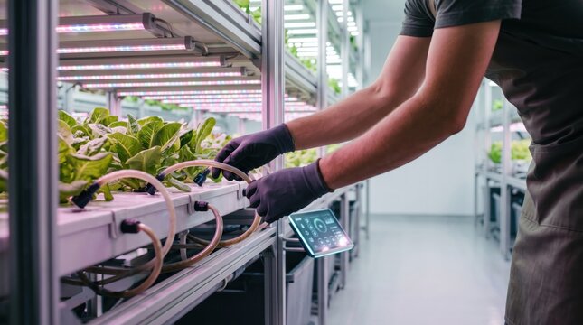 Farmer adjusting hydroponic irrigation system in vertical indoor farm with LED grow lights for sustainable agriculture