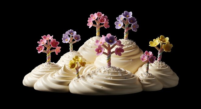 Floral Meringue Garden
Petite Blossoms on Cream Peaks
Candy Flower Cup Mounds
Whipped Vanilla with Sugar Blooms
Miniature Dessert Bouquet
Frosted Swirls and Edible Flowers
Pastel Bloom Confections
Swe