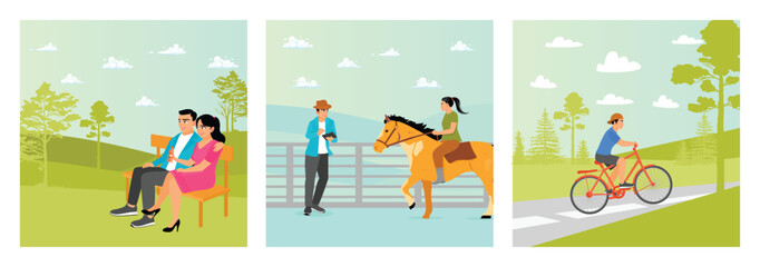 Fototapeta premium Happy weekend concept. Horseback riding. Cycling track.