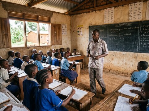 Teacher Instructing Students in Rural Classroom in Burundi, Education in Developing Region, School Learning Environment, Community Teaching Scene, Authentic Documentary Photography